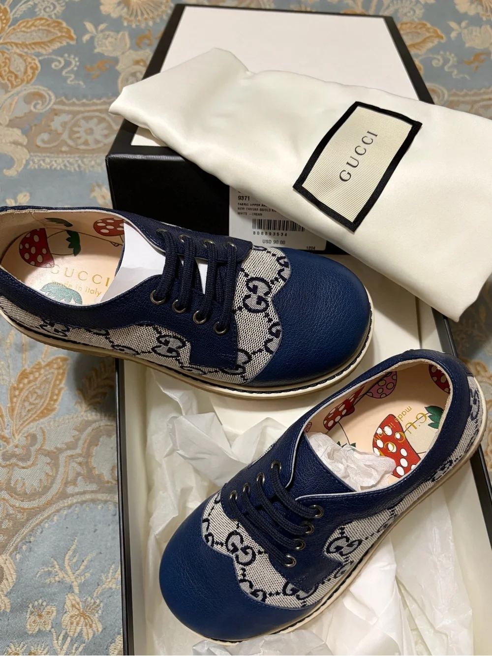 Kids Gucci Blue Leather and Monogram Canvas Dress Shoes